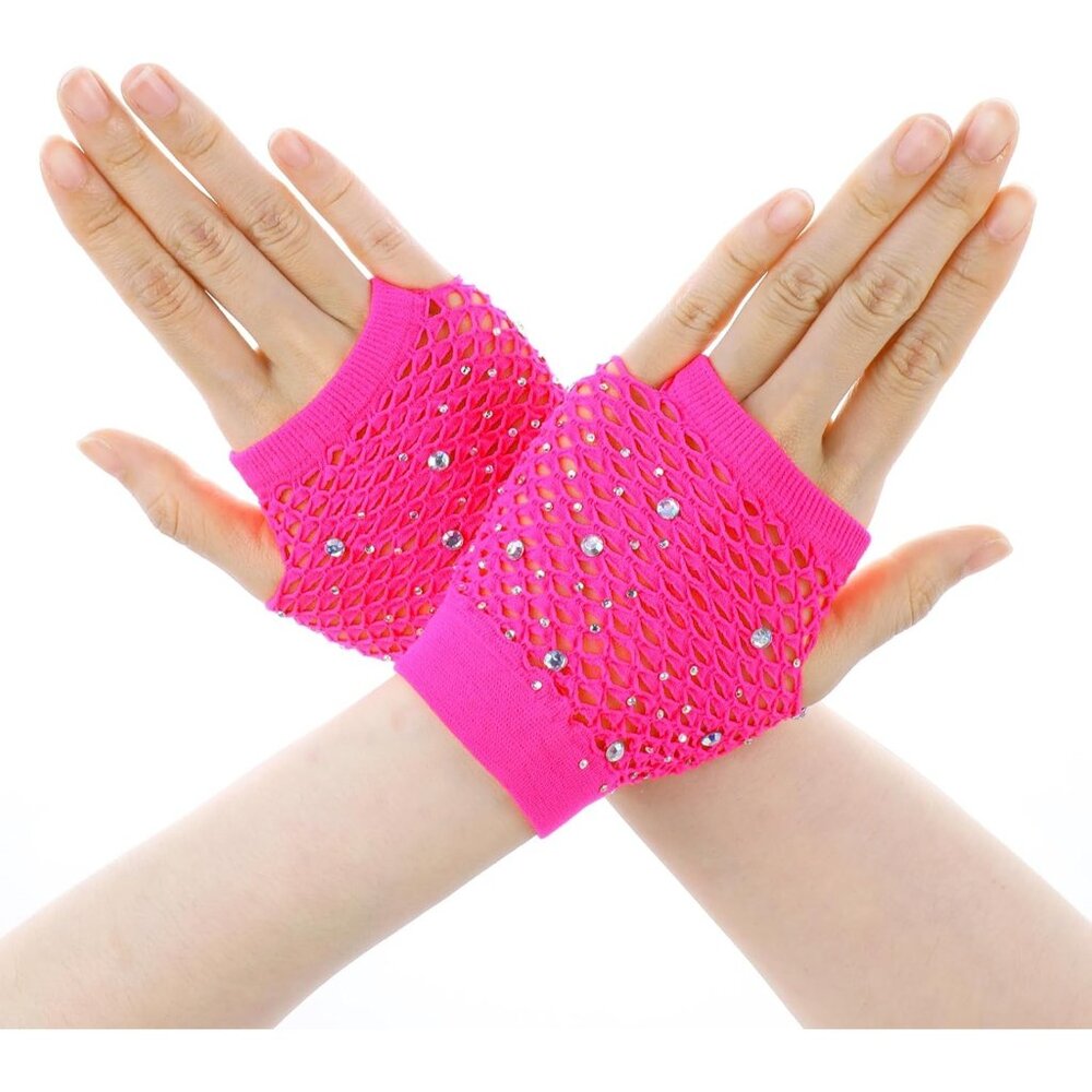 Women's Rose Red Rhinestone Fishnet Short Mesh Gloves Halloween Party Costumes